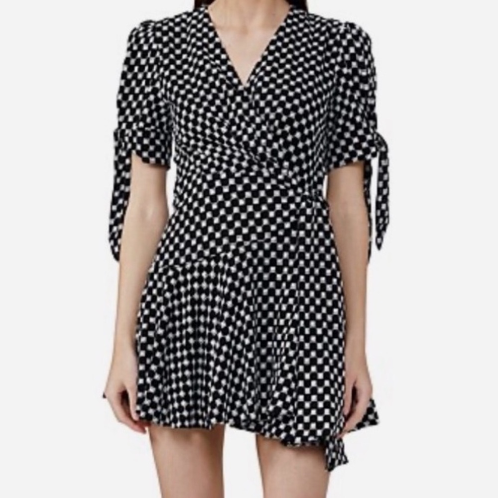Black & White Wrap Mini Dress Tie Sleeve Checkered Size 2